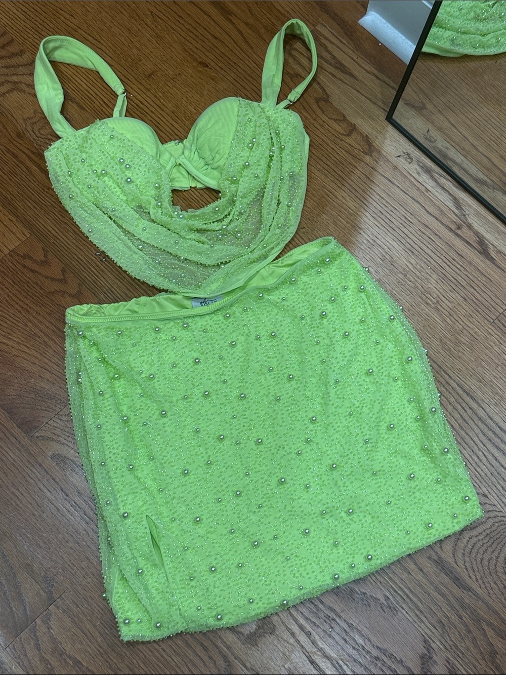 Oh Polly Neon Lime Beaded Mini Skirt and Bra Set - Women